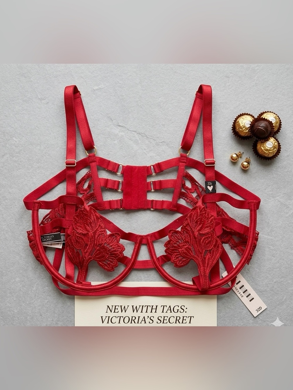 NWT Victoria’s Secret cupless strappy embroidered red bra size 38D